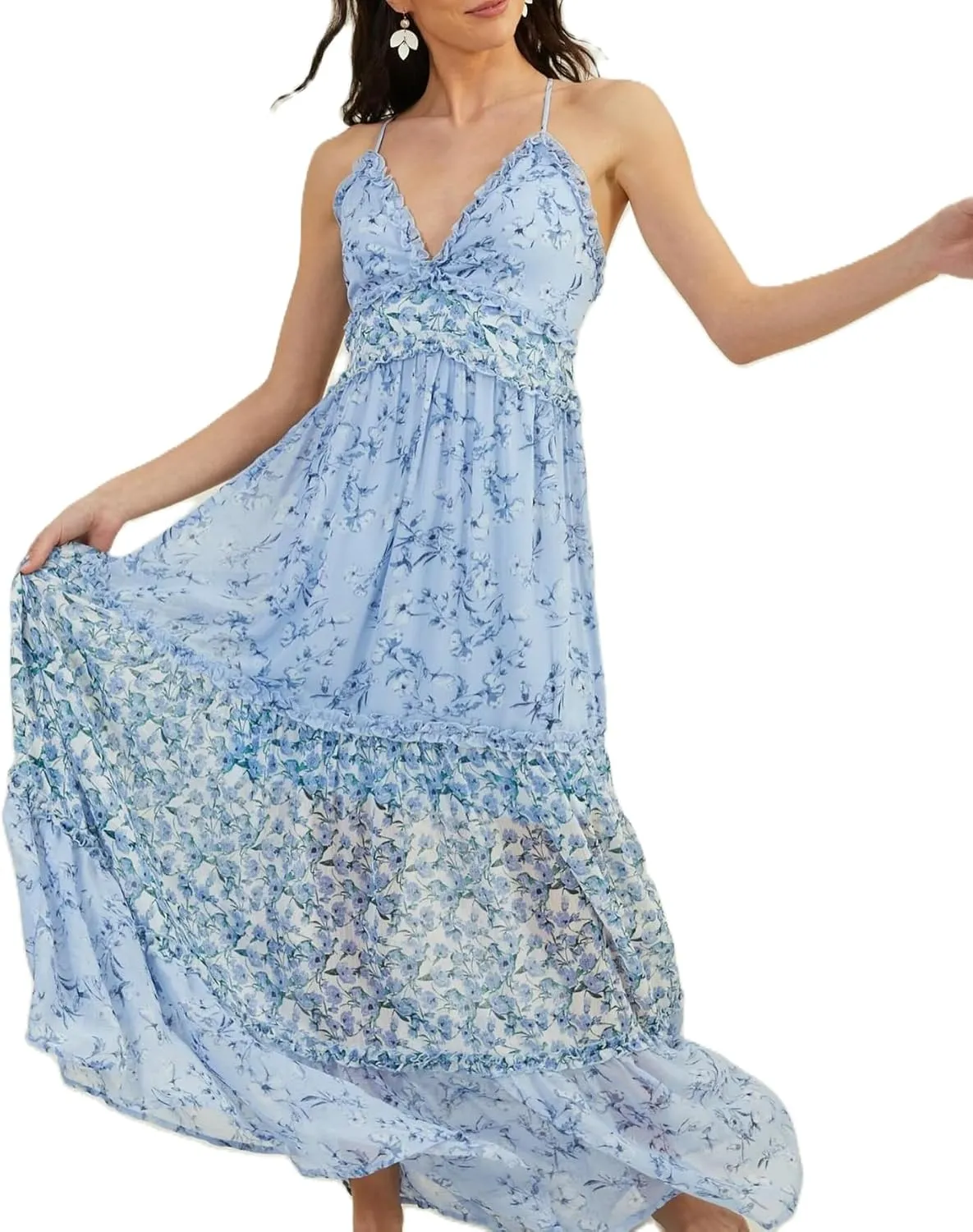 Women Spaghetti Strap Tie Shoulder Floral Maxi Dress Y2k Lace Trim Ruffle Long Dress Summer Boho Flowy Sundress
