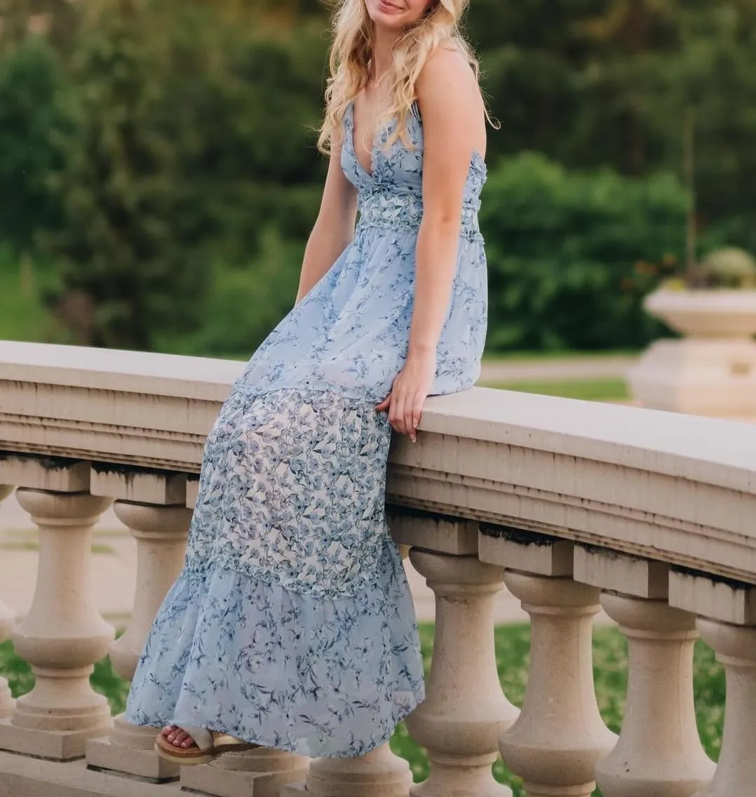 Women Spaghetti Strap Tie Shoulder Floral Maxi Dress Y2k Lace Trim Ruffle Long Dress Summer Boho Flowy Sundress