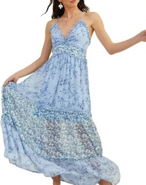Women Spaghetti Strap Tie Shoulder Floral Maxi Dress Y2k Lace Trim Ruffle Long Dress Summer Boho Flowy Sundress