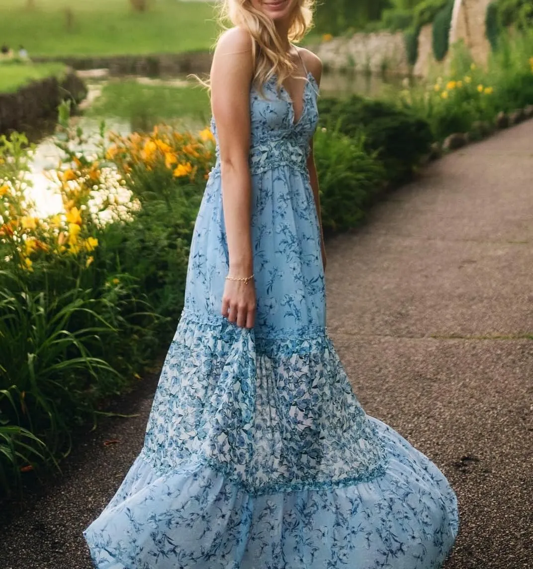 Women Spaghetti Strap Tie Shoulder Floral Maxi Dress Y2k Lace Trim Ruffle Long Dress Summer Boho Flowy Sundress