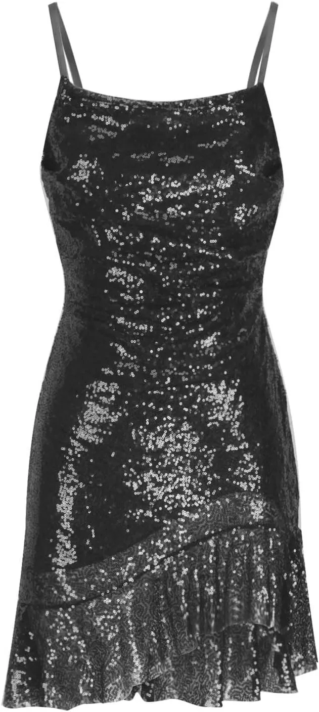 Women Sparkly Sequin Mini Dress Sexy Glitter Spaghetti Strap Ruffle Hem Cami Dresses Fashion Sexy Club Party Outfits