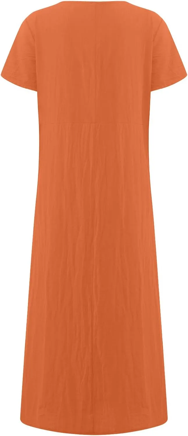 Women Summer Dress Cotton Linen Crewneck Short Sleeve Tunic Curvy Casual Plain Beach Vacation Plus Size Midi Sundress