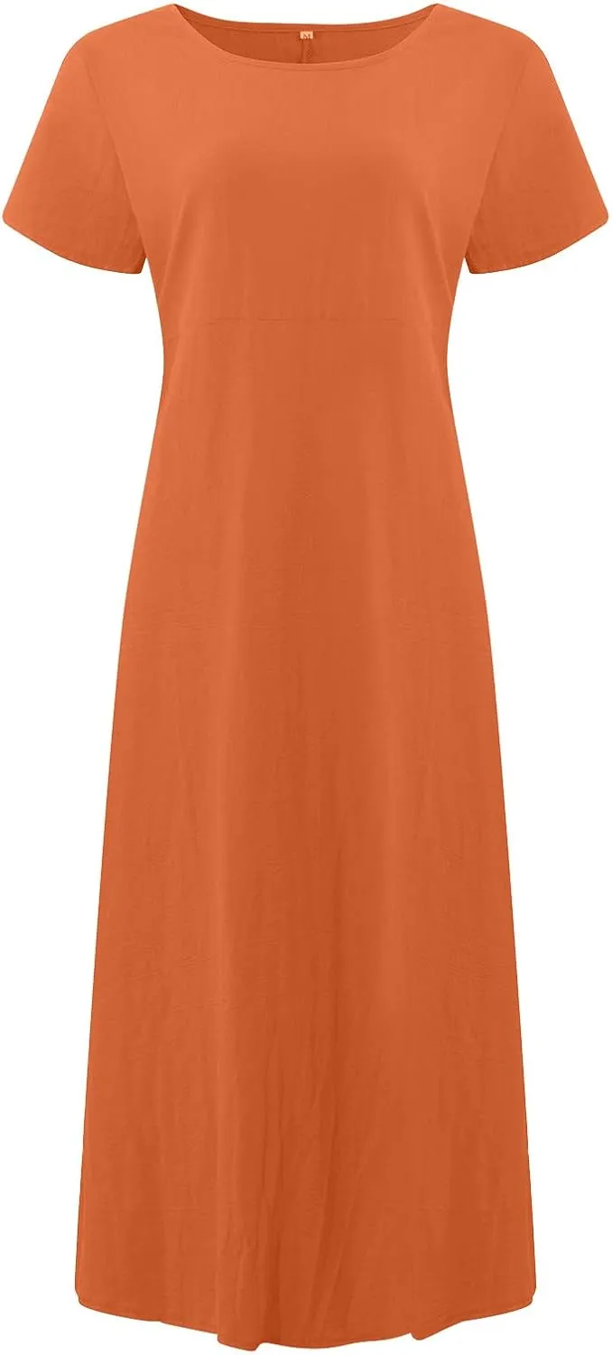 Women Summer Dress Cotton Linen Crewneck Short Sleeve Tunic Curvy Casual Plain Beach Vacation Plus Size Midi Sundress