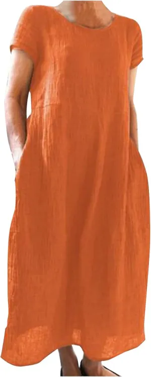Women Summer Dress Cotton Linen Crewneck Short Sleeve Tunic Curvy Casual Plain Beach Vacation Plus Size Midi Sundress