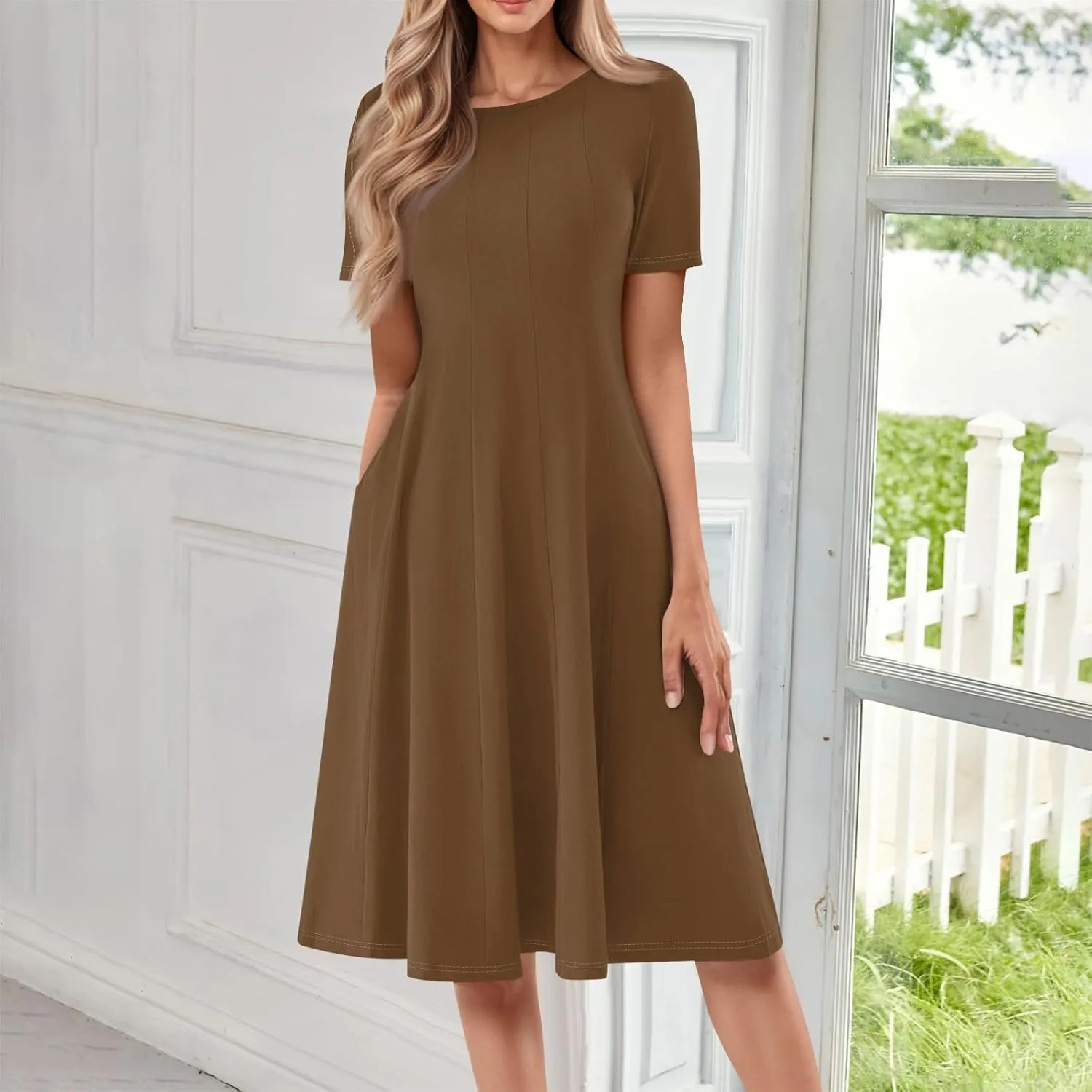 Women Summer Dress Short Sleeve Crewneck Pleated Swing Dresses Solid Color Beach Vacation Midi Sundress with Pocket