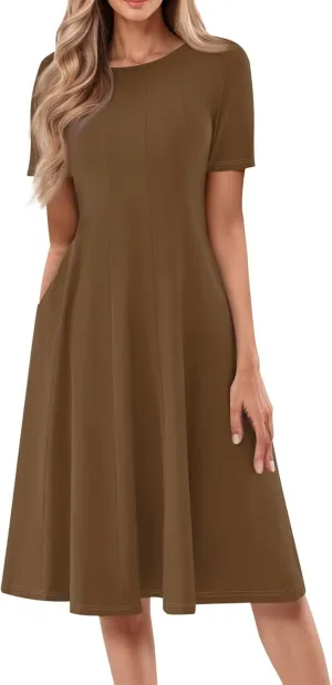 Women Summer Dress Short Sleeve Crewneck Pleated Swing Dresses Solid Color Beach Vacation Midi Sundress with Pocket