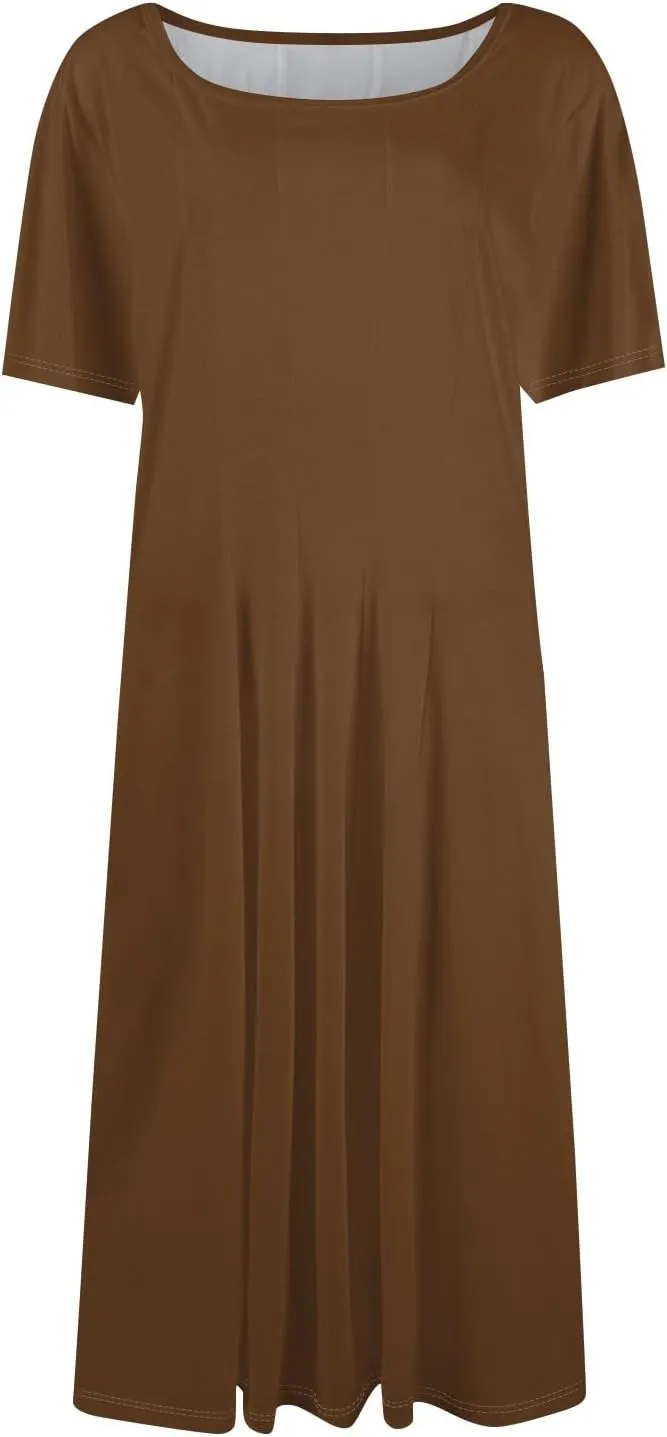 Women Summer Dress Short Sleeve Crewneck Pleated Swing Dresses Solid Color Beach Vacation Midi Sundress with Pocket