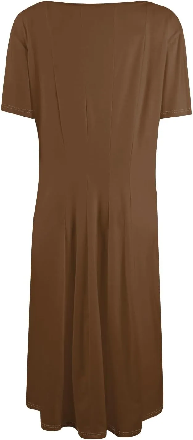 Women Summer Dress Short Sleeve Crewneck Pleated Swing Dresses Solid Color Beach Vacation Midi Sundress with Pocket