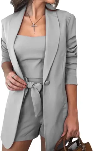Women Three Piece Blazer Suit Long Sleeve Open Front Blazer Coat Crop Top High Waist Belted Shorts Elegant Lady Suit Sets