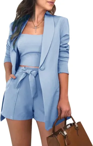 Women Three Piece Blazer Suit Long Sleeve Open Front Blazer Coat Crop Top High Waist Belted Shorts Ladies Suit Sets