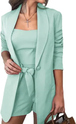 Women Three Piece Blazer Suit Long Sleeve Open Front Blazer Coat Crop Top High Waist Belted Shorts Ladies Suit Sets