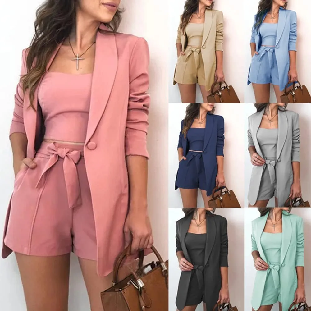 Women Three Piece Blazer Suit Long Sleeve Open Front Blazer Coat Crop Top High Waist Belted Shorts Ladies Suit Sets