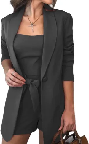 Women Three Piece Blazer Suit Long Sleeve Open Front Blazer Coat Crop Top High Waist Belted Shorts Ladies Suit Sets