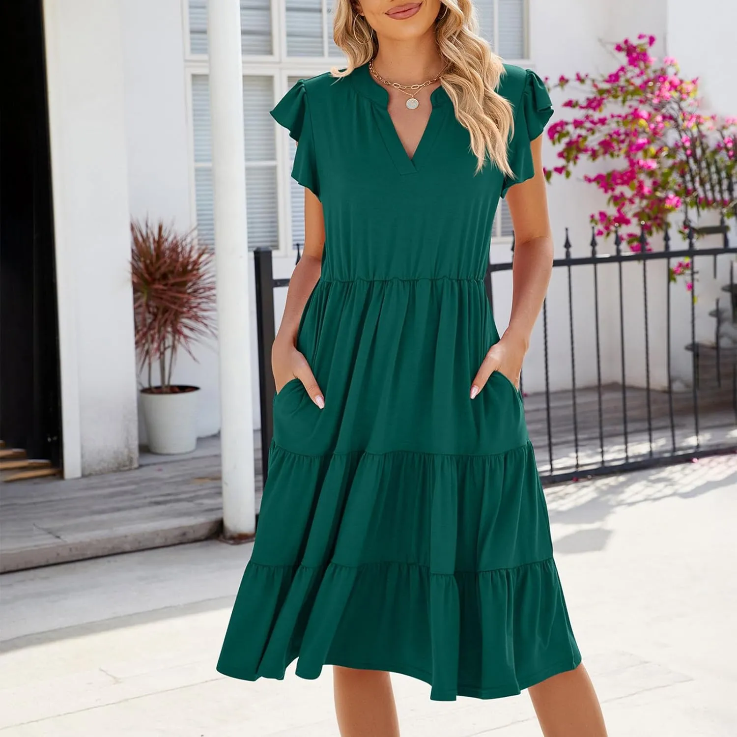 Women V Neck Summer Dresses Classy A-Line Ruffle Sundress Cap Sleeve Casual Midi Dress 2024 Vacation Sundresses