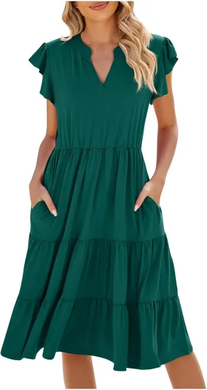 Women V Neck Summer Dresses Classy A-Line Ruffle Sundress Cap Sleeve Casual Midi Dress 2024 Vacation Sundresses
