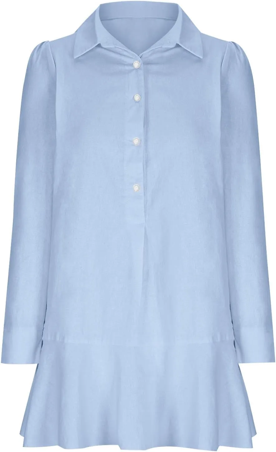 Womens 2024 Summer Casual Button Down Dress 3/4 Rolled-Up Sleeve Loose Ruffle Mini Dress Solid Color Shirts Sun Dress