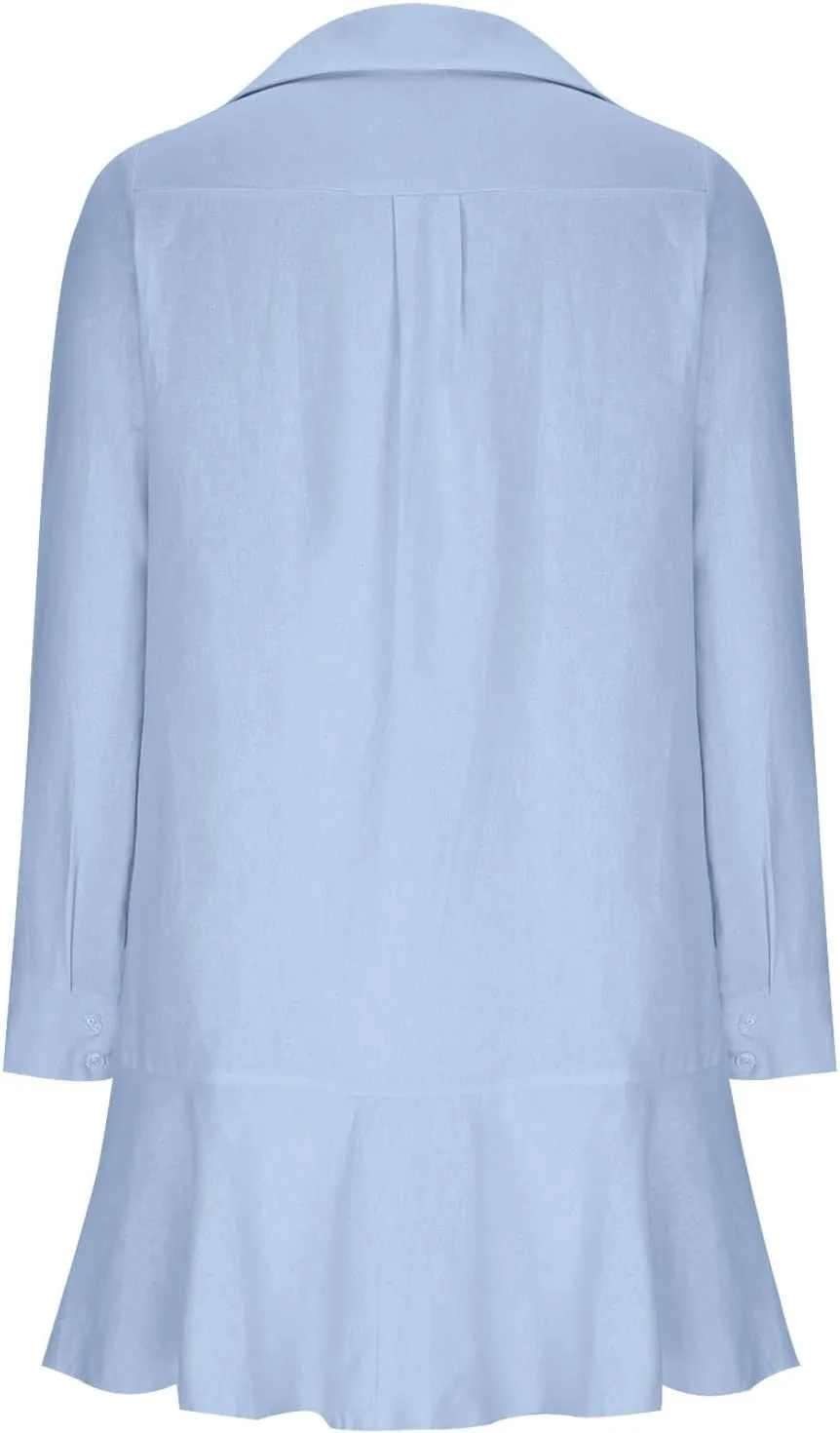 Womens 2024 Summer Casual Button Down Dress 3/4 Rolled-Up Sleeve Loose Ruffle Mini Dress Solid Color Shirts Sun Dress