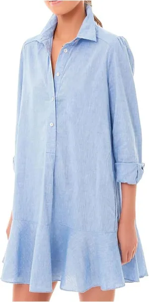 Womens 2024 Summer Casual Button Down Dress 3/4 Rolled-Up Sleeve Loose Ruffle Mini Dress Solid Color Shirts Sun Dress