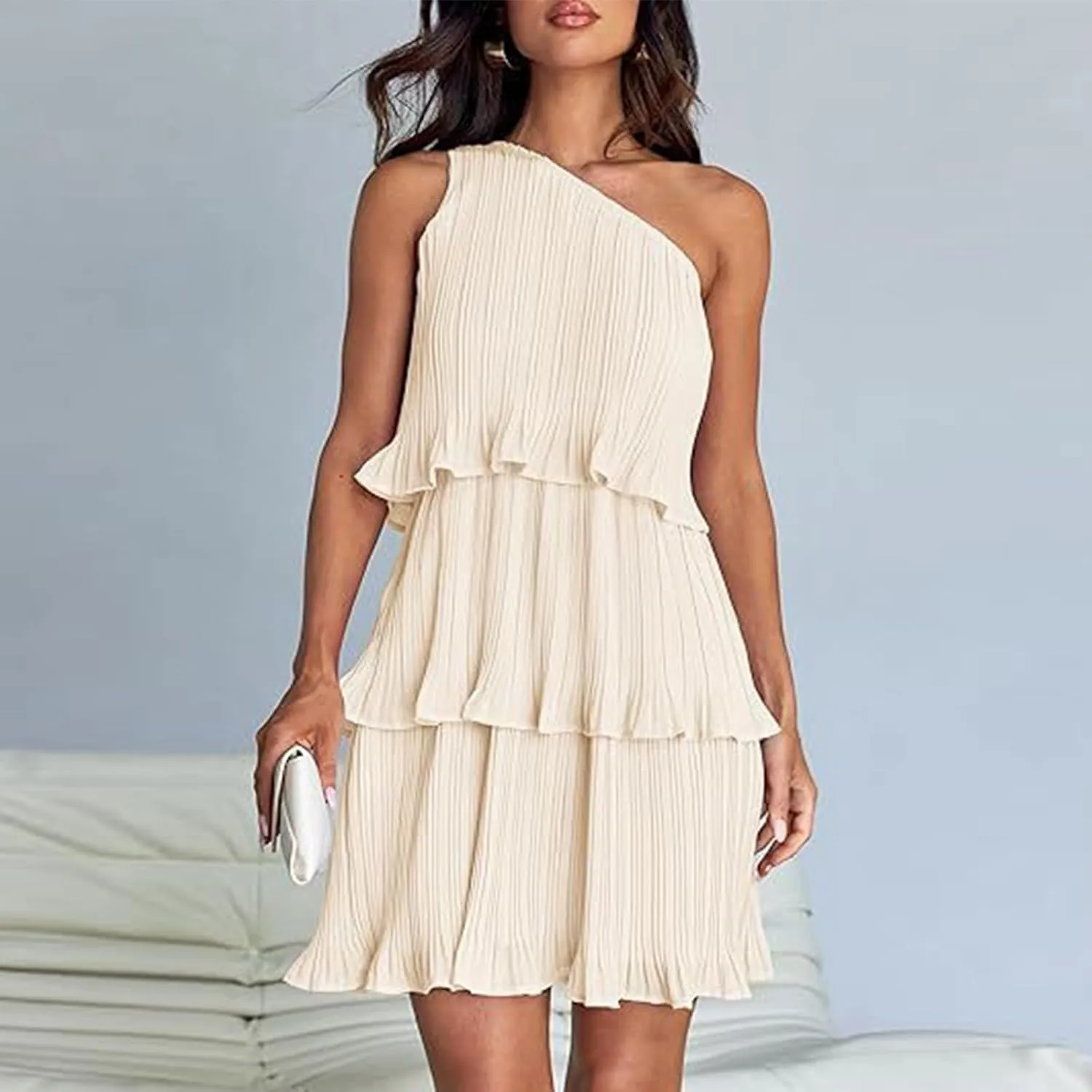 Women's 2024 Summer Sleeveless Mini Dress Boho One Shoulder Ruffle Tiered Layered Chiffon Flowy A Line Dresses