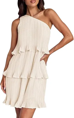 Women's 2024 Summer Sleeveless Mini Dress Boho One Shoulder Ruffle Tiered Layered Chiffon Flowy A Line Dresses