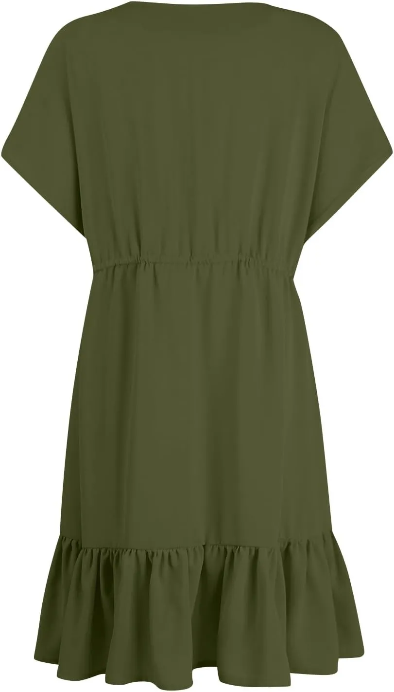 Womens 2024 Summer V-Neck Ruffle Loose Short Sleeve High Waist Mini Dress A Line Swing Mini Beach Vacation Sundress
