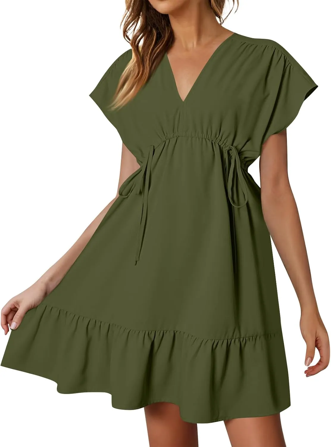 Womens 2024 Summer V-Neck Ruffle Loose Short Sleeve High Waist Mini Dress A Line Swing Mini Beach Vacation Sundress