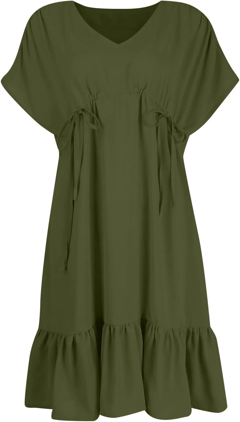 Womens 2024 Summer V-Neck Ruffle Loose Short Sleeve High Waist Mini Dress A Line Swing Mini Beach Vacation Sundress