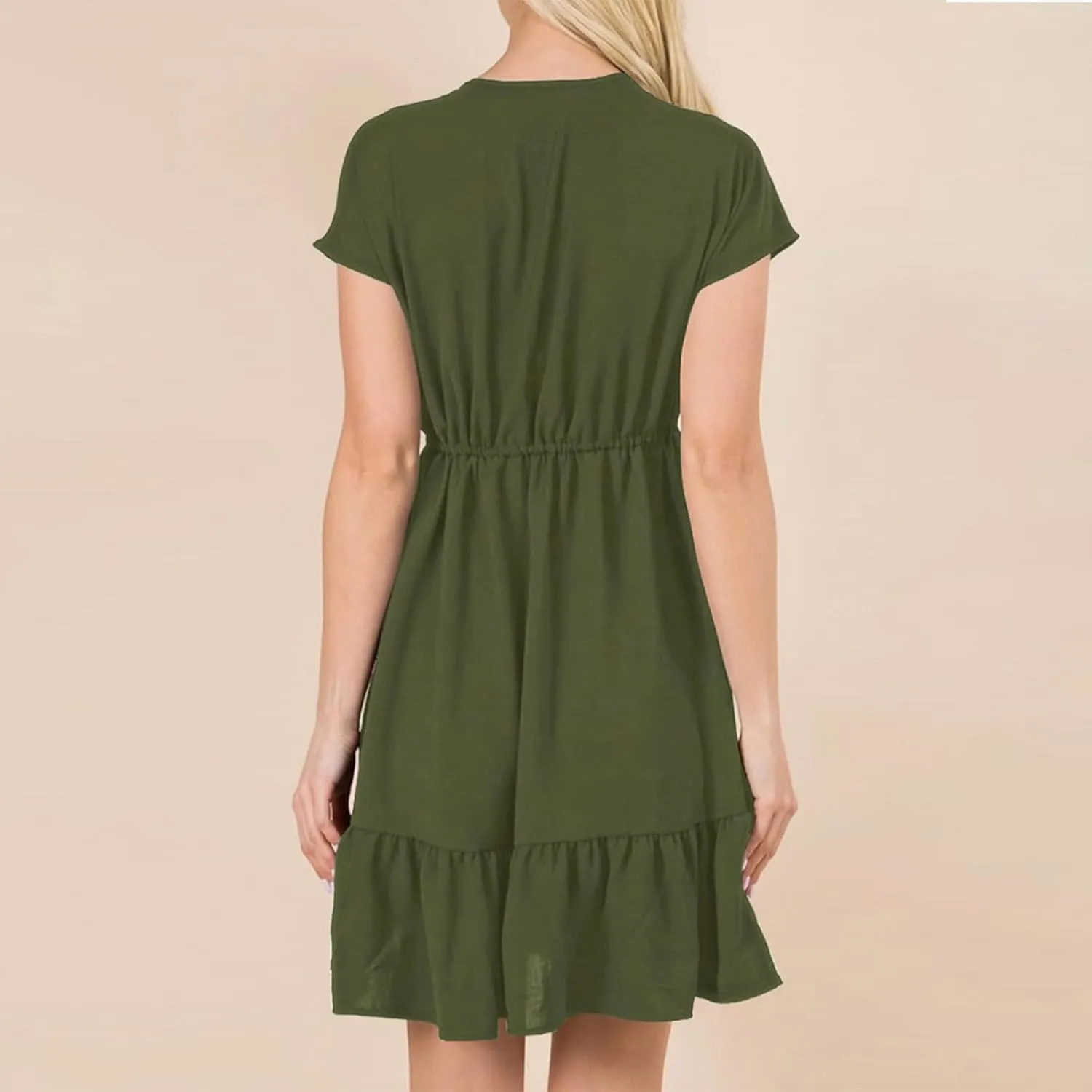 Womens 2024 Summer V-Neck Ruffle Loose Short Sleeve High Waist Mini Dress A Line Swing Mini Beach Vacation Sundress