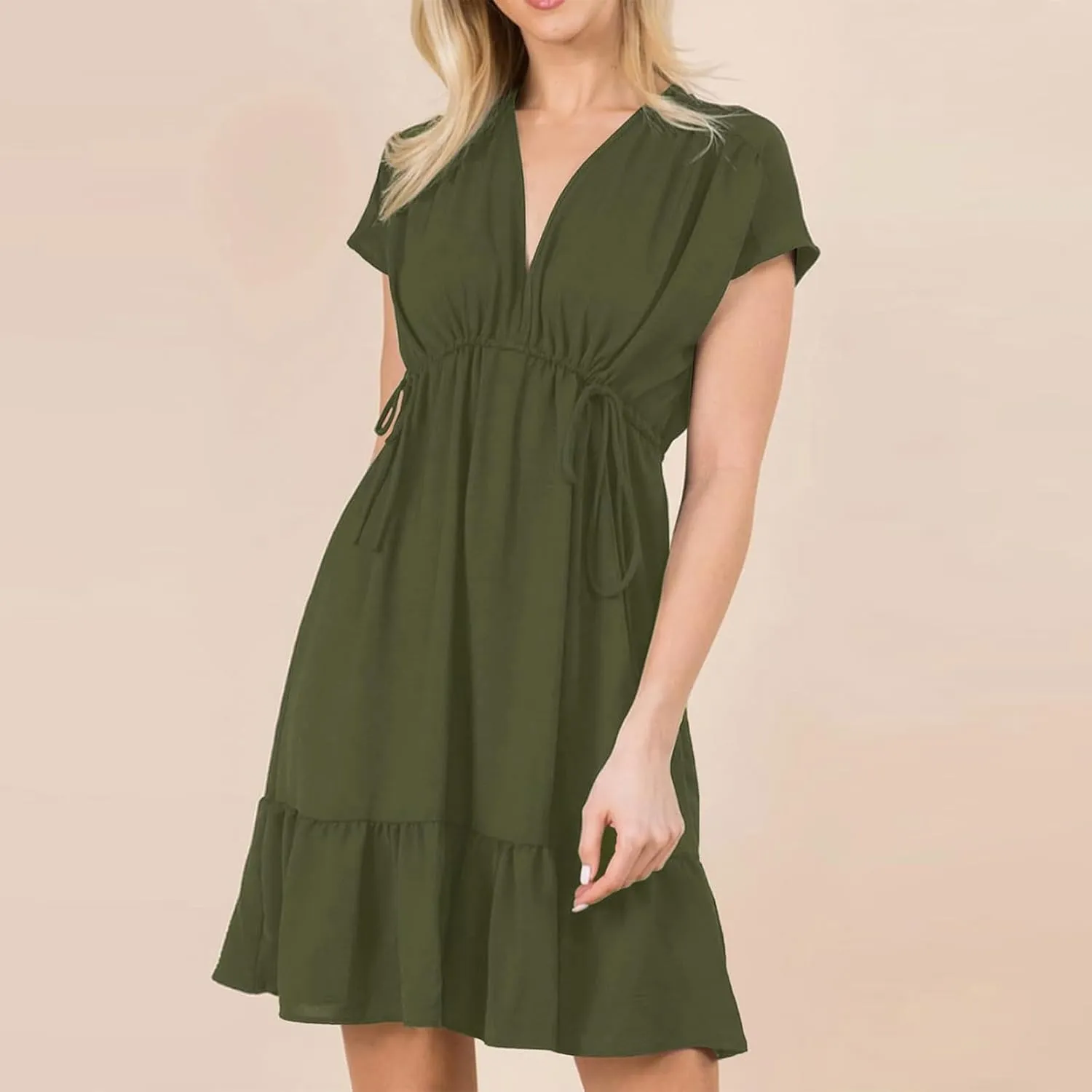Womens 2024 Summer V-Neck Ruffle Loose Short Sleeve High Waist Mini Dress A Line Swing Mini Beach Vacation Sundress