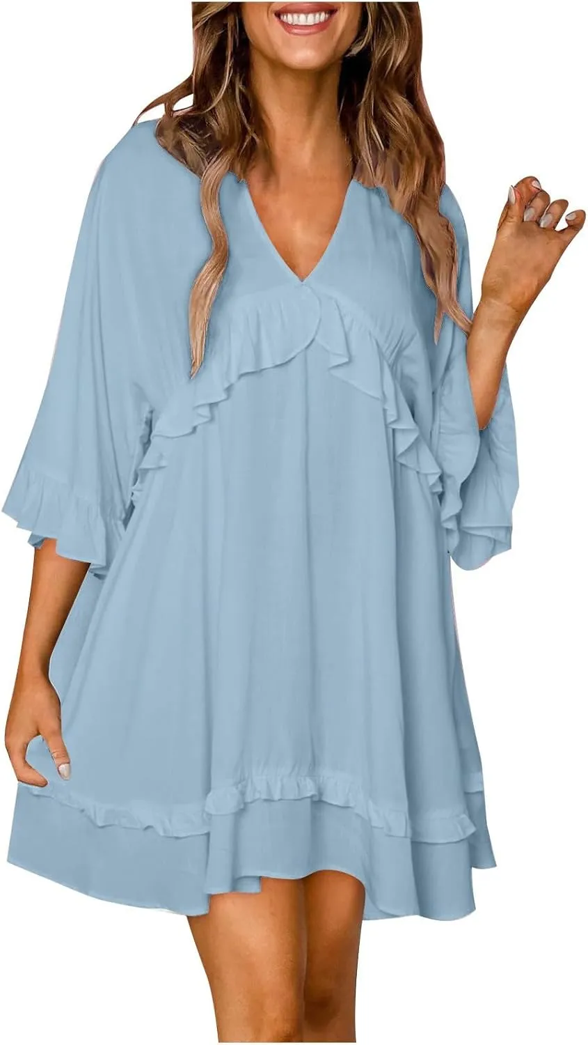 Womens 2024 Summer V-Neck Ruffle Loose Short Sleeve Mini Dress A Line Swing Mini Beach Vacation Sundress
