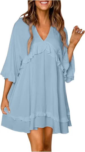 Womens 2024 Summer V-Neck Ruffle Loose Short Sleeve Mini Dress A Line Swing Mini Beach Vacation Sundress
