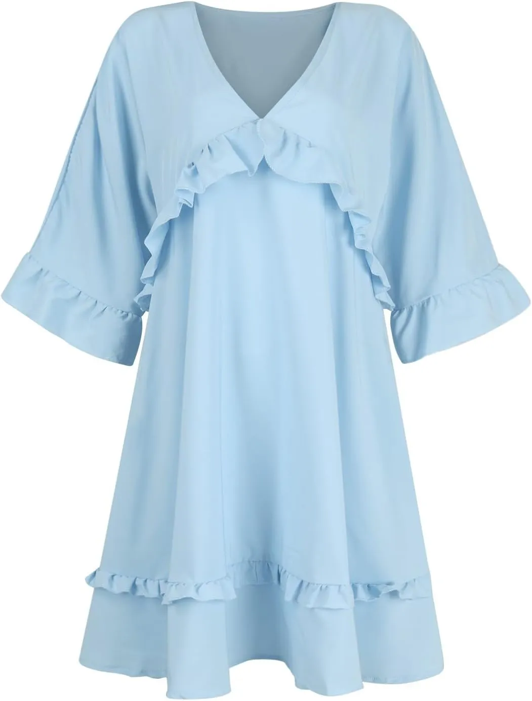 Womens 2024 Summer V-Neck Ruffle Loose Short Sleeve Mini Dress A Line Swing Mini Beach Vacation Sundress