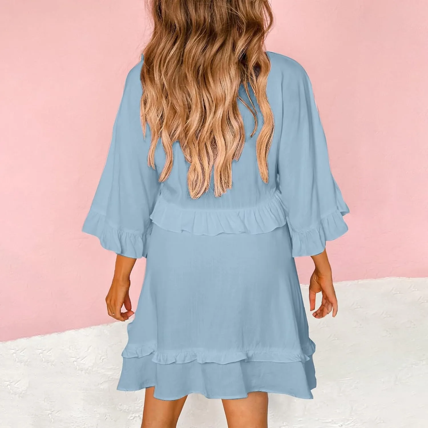 Womens 2024 Summer V-Neck Ruffle Loose Short Sleeve Mini Dress A Line Swing Mini Beach Vacation Sundress