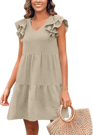 Womens 2024 Summer V-Neck Sleeveless Ruffle Fashion Casual Fit Flowy Tiered Boho Swing Mini Beach Vacation Sundress