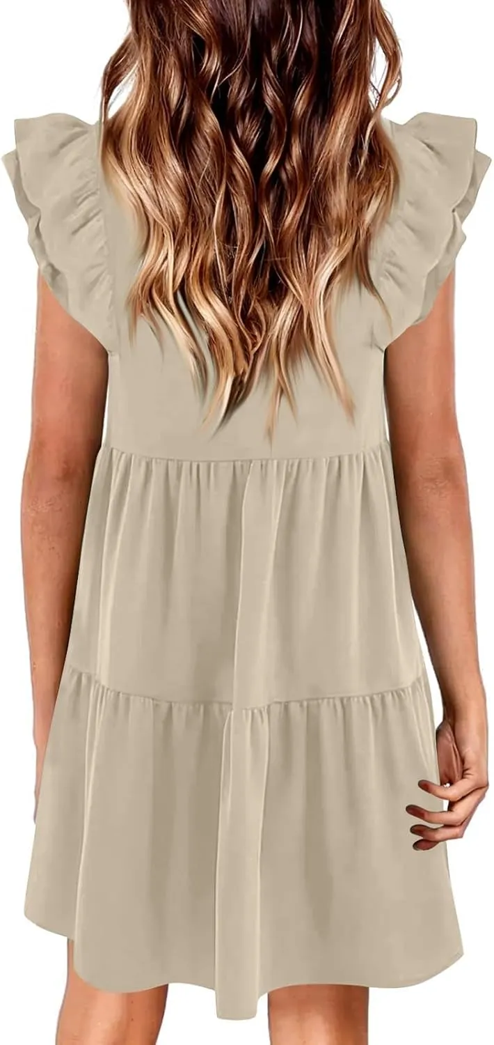 Womens 2024 Summer V-Neck Sleeveless Ruffle Fashion Casual Fit Flowy Tiered Boho Swing Mini Beach Vacation Sundress