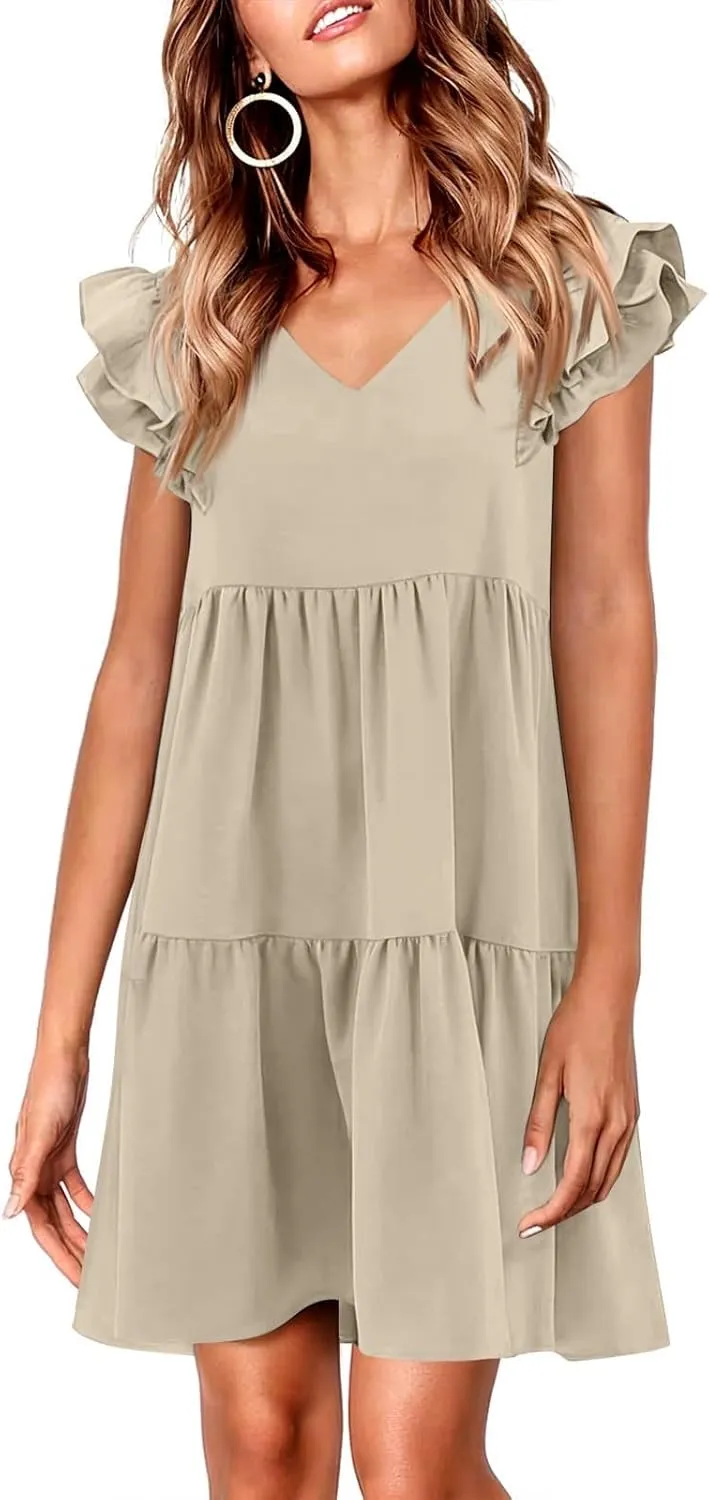 Womens 2024 Summer V-Neck Sleeveless Ruffle Fashion Casual Fit Flowy Tiered Boho Swing Mini Beach Vacation Sundress