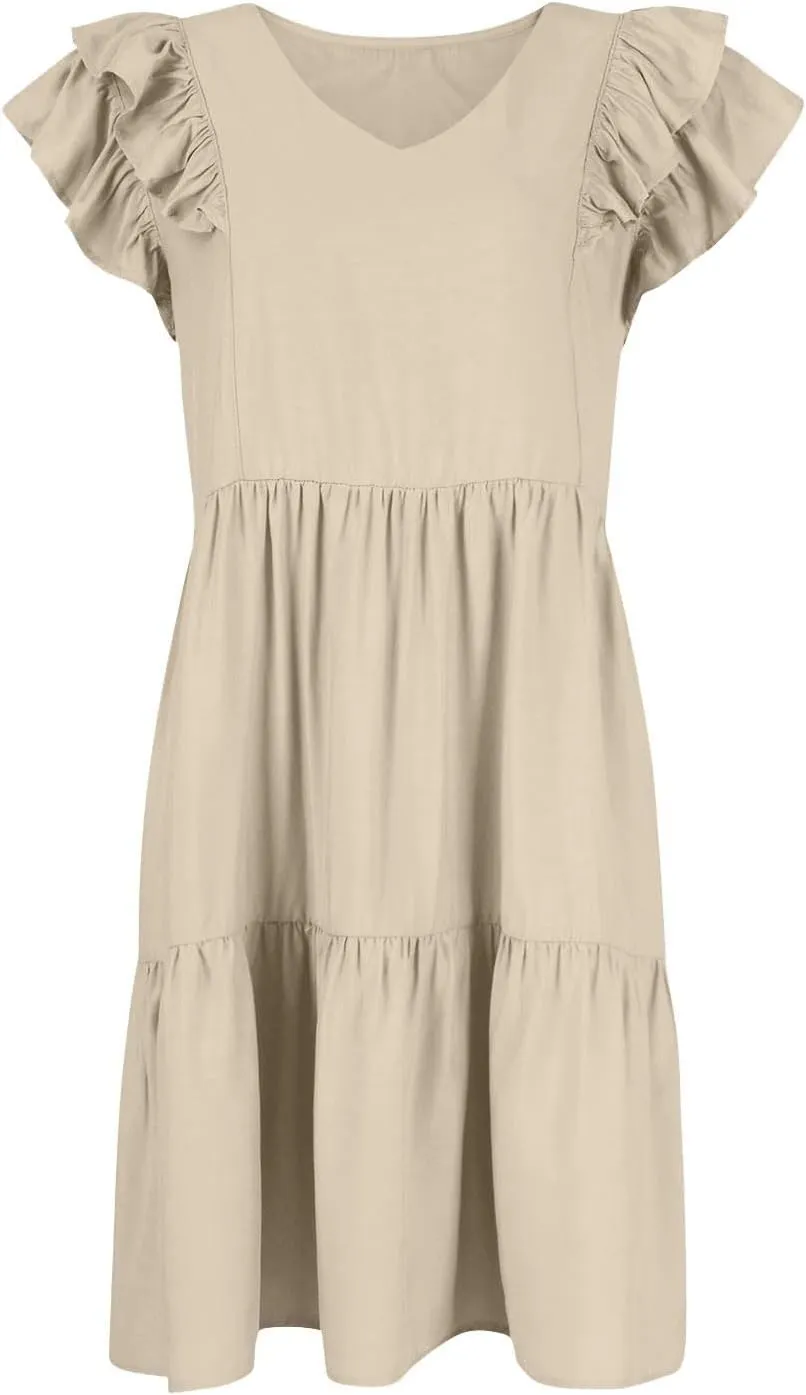 Womens 2024 Summer V-Neck Sleeveless Ruffle Fashion Casual Fit Flowy Tiered Boho Swing Mini Beach Vacation Sundress