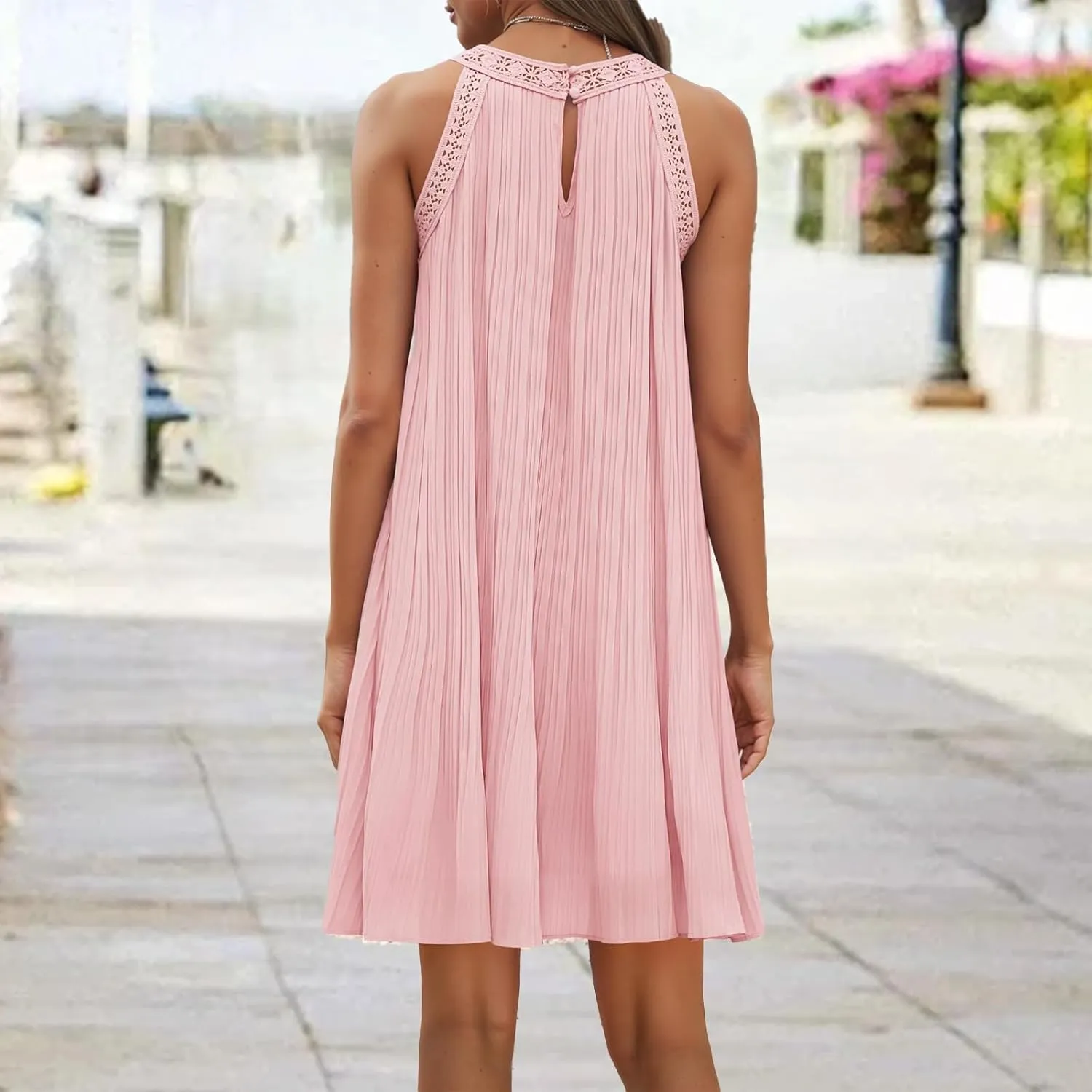 Women's 2025 Lace Hollow Out Halter Mini Dresses Casual Sleeveless Flowy Ruffle Beach Vacation A line Dress