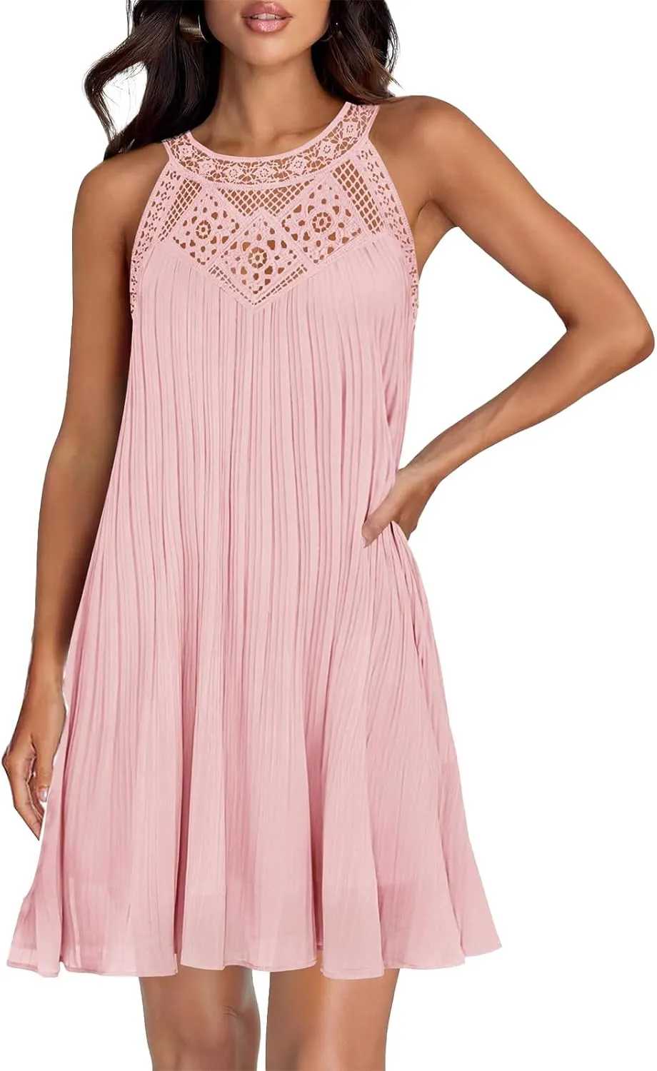 Women's 2025 Lace Hollow Out Halter Mini Dresses Casual Sleeveless Flowy Ruffle Beach Vacation A line Dress