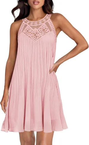 Women's 2025 Lace Hollow Out Halter Mini Dresses Casual Sleeveless Flowy Ruffle Beach Vacation A line Dress