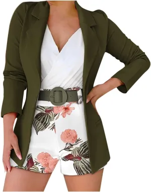 Womens 3 Piece Blazer Set Ladies Formal Office Work Business Blazer Open Front Cardigan Coat Floral Print Shorts Suits