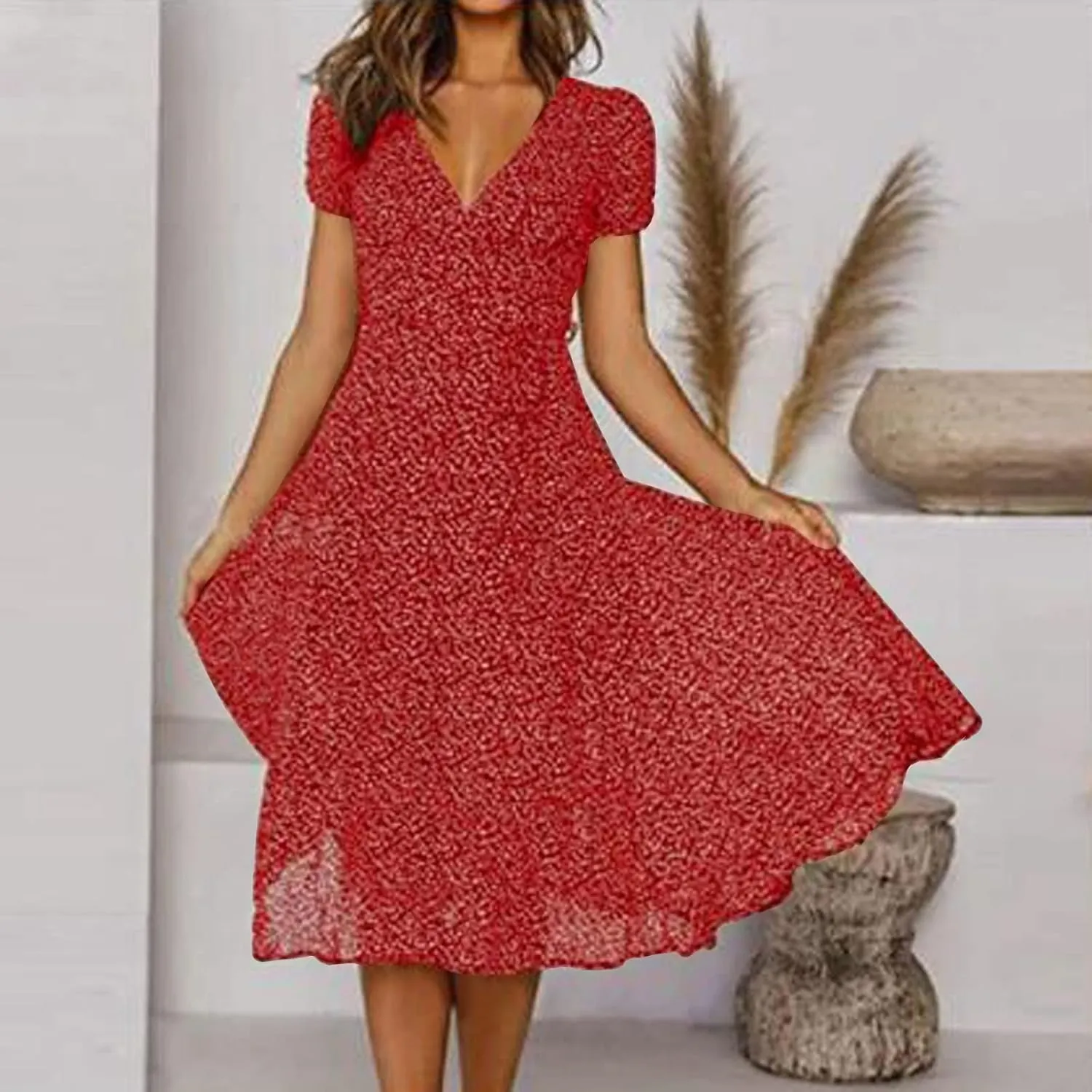 Womens Boho Dresses Summer Flowy V Neck Puff Short Sleeve Midi Dress Trendy Color Block Floral Smocked Beach Dress