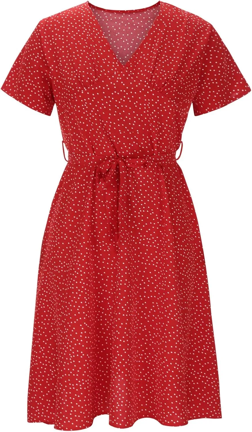 Womens Boho Dresses Summer Flowy V Neck Puff Short Sleeve Midi Dress Trendy Color Block Floral Smocked Beach Dress