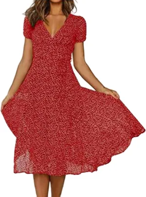 Womens Boho Dresses Summer Flowy V Neck Puff Short Sleeve Midi Dress Trendy Color Block Floral Smocked Beach Dress