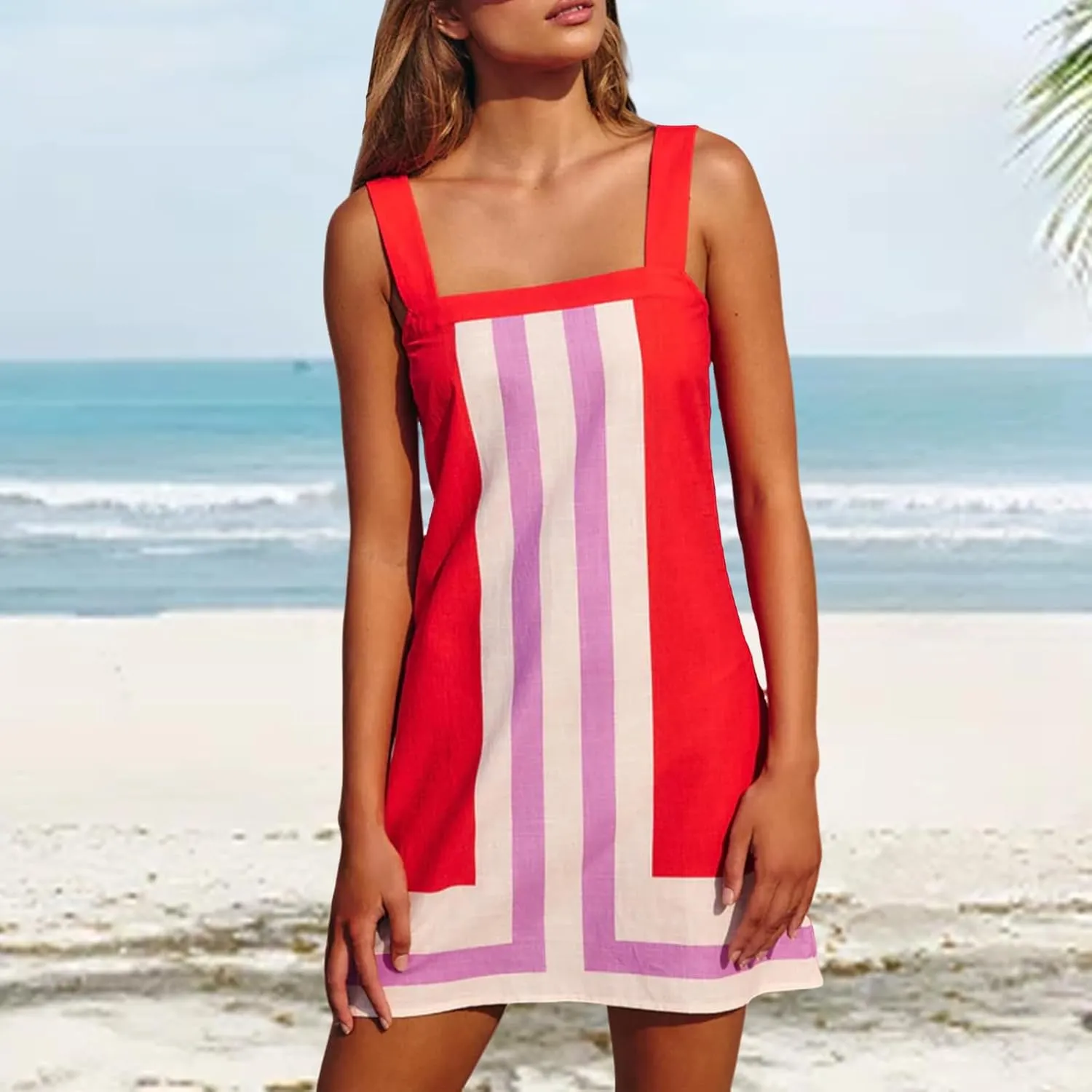 Womens Boho Mini Dress Summer Floral Square Neck Strap Sleeveless Dresses Casual Color Block Vacation Short Sundress