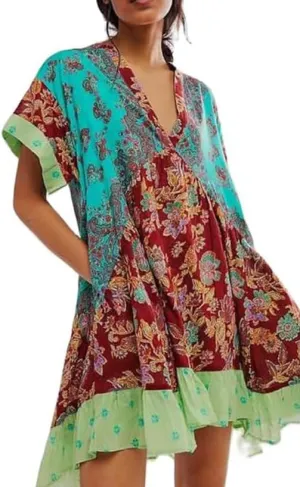 Womens Boho Mini Dress Y2k Floral Deep V-Neck Puff Sleeve Short Dresses 2024 Summer Causal Beach Sundress