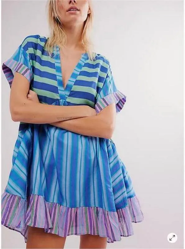 Womens Boho Mini Dress Y2k Floral Deep V-Neck Puff Sleeve Short Dresses 2024 Summer Causal Beach Sundress