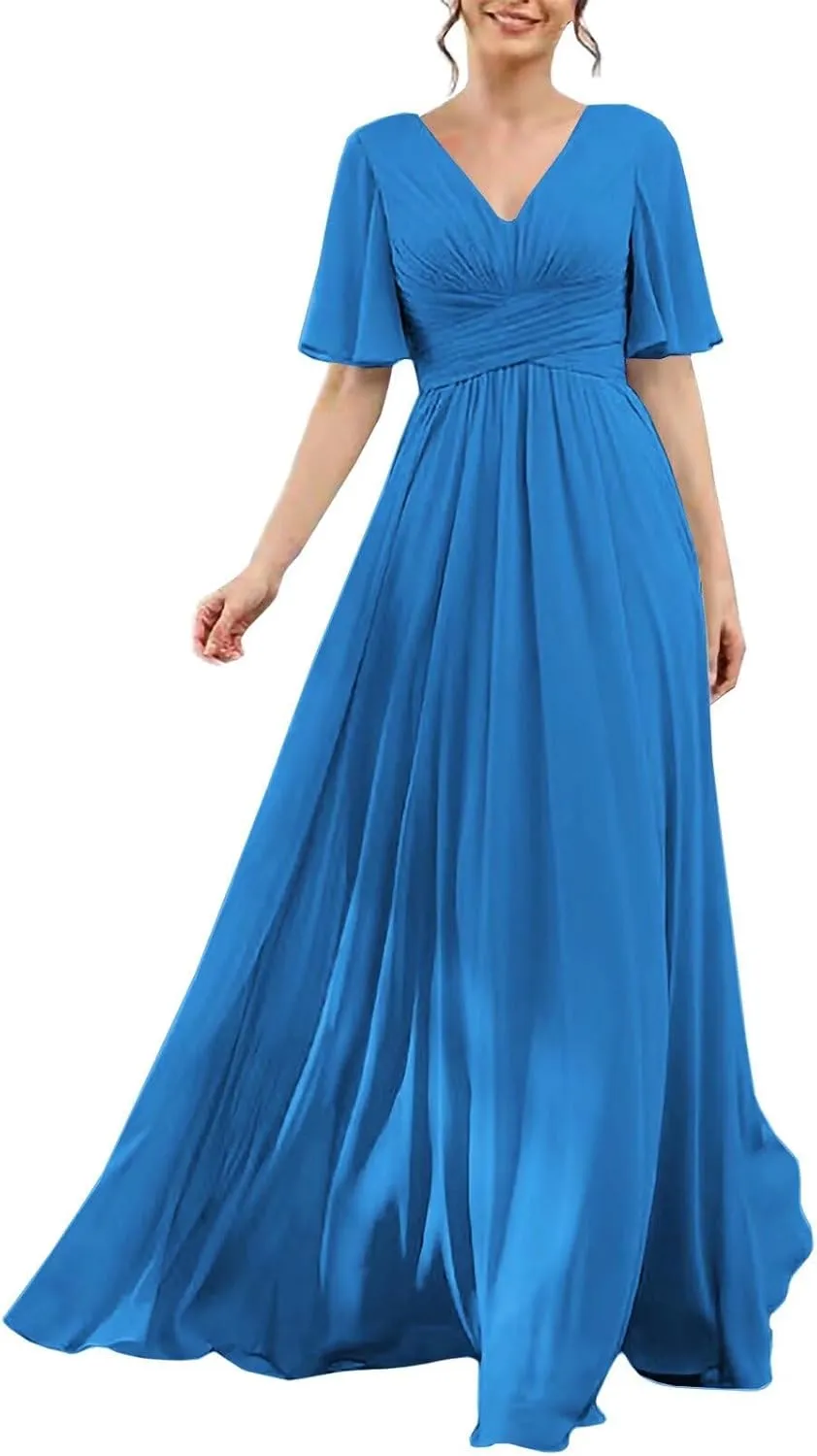 Women's Bridesmaid Dress Long V Neck Ruched Chiffon Formal Dress with Split