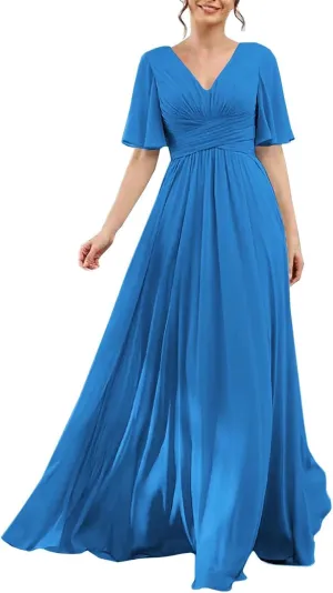 Women's Bridesmaid Dress Long V Neck Ruched Chiffon Formal Dress with Split