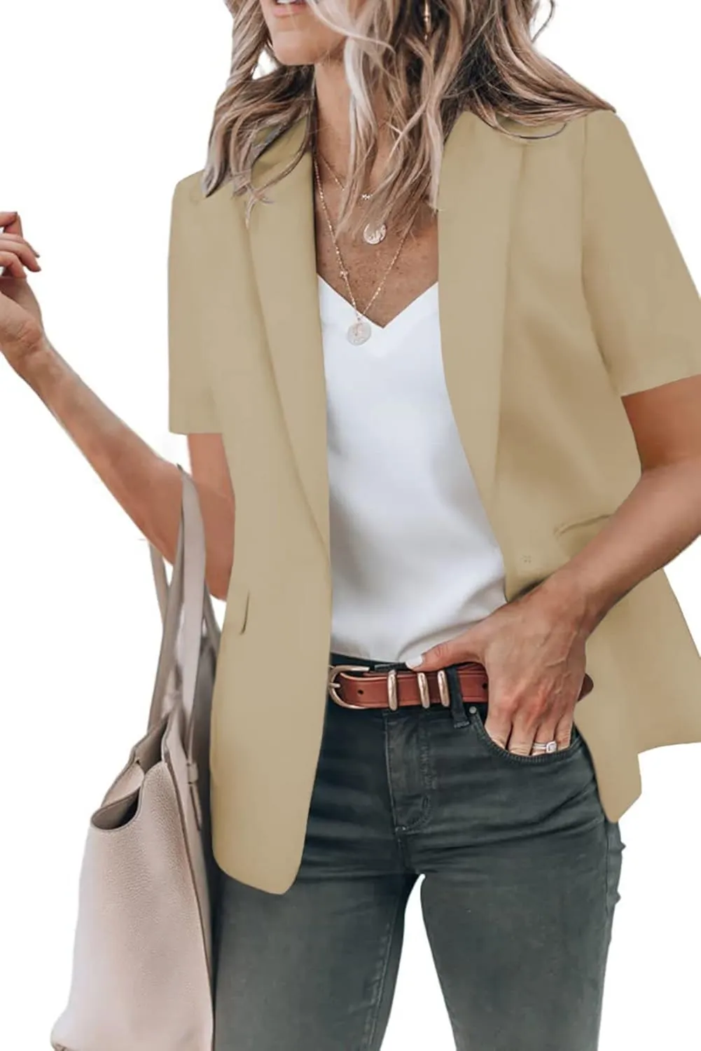 Women's Casual Blazer Short Sleeve Lapel One Button Solid Basic Summer Business Work Office Suit Jacket with Pockets